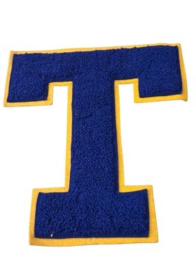 7 In Vintage Chenille Letterman Patch Navy Blue 'T" With Yellow Felt Background
